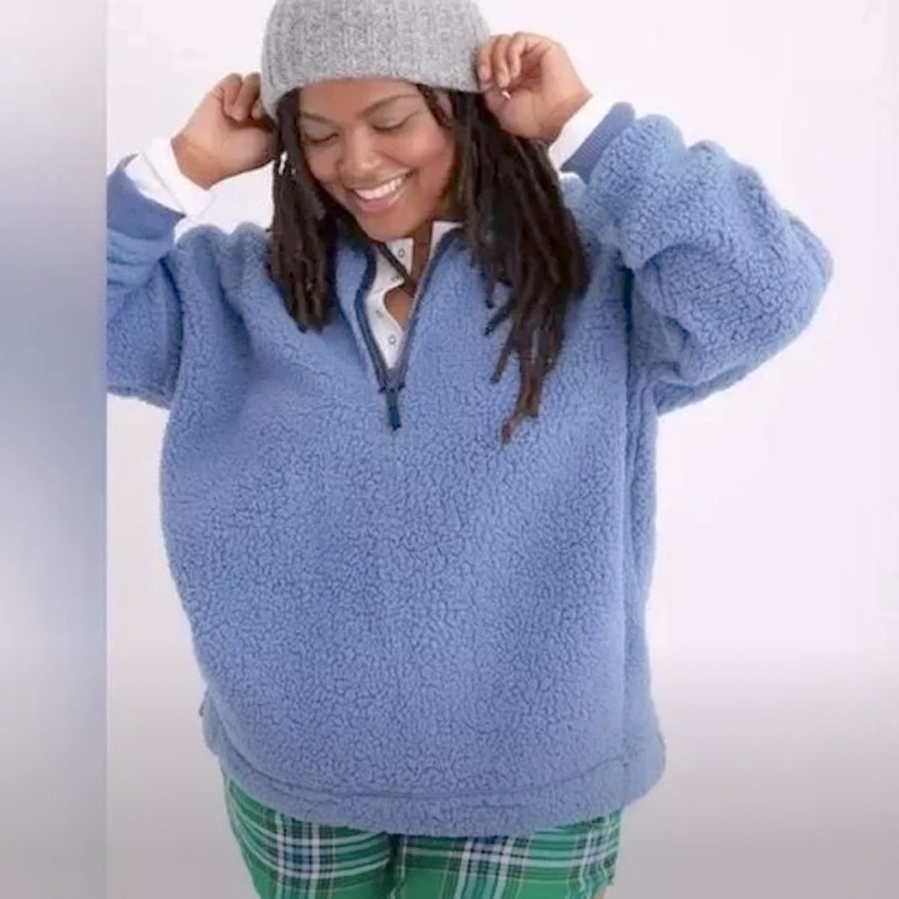 AERIE Sherpa Quarter Zip NWT Size XL blue with pockets, ribbed cuffs very soft - Picture 2 of 5